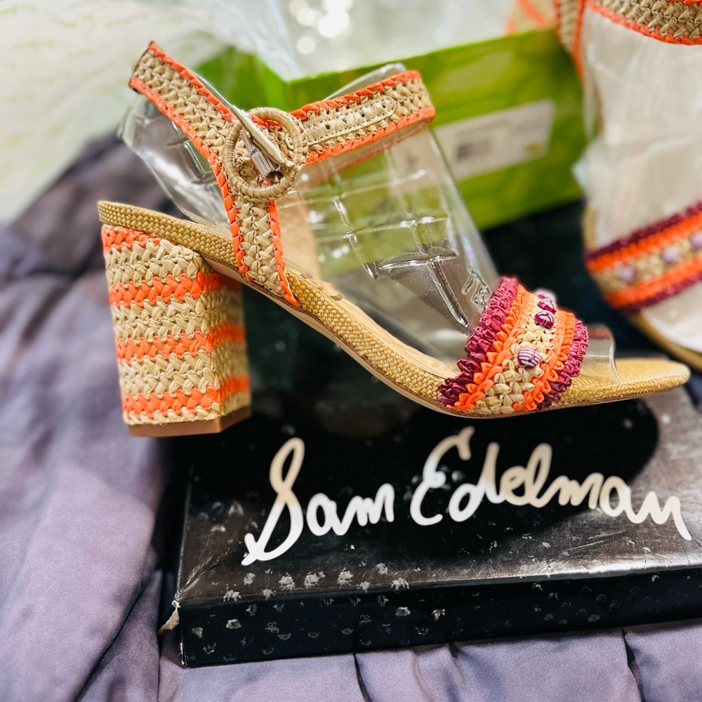 SAM EDELMAN brand new raffia sandals in orange, purple and neutral with beads s9 - Picture 2 of 11